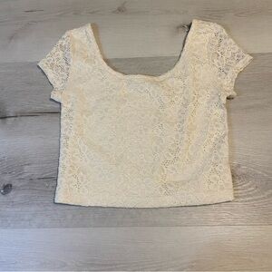 Ivory Scoop Neck Short Sleeve Lace Crop Top, Fits Like Small